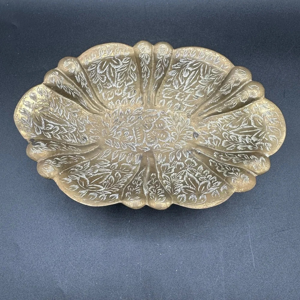 Vintage Etched Brass Footed Dish Bowl Trinket Catchall Decor